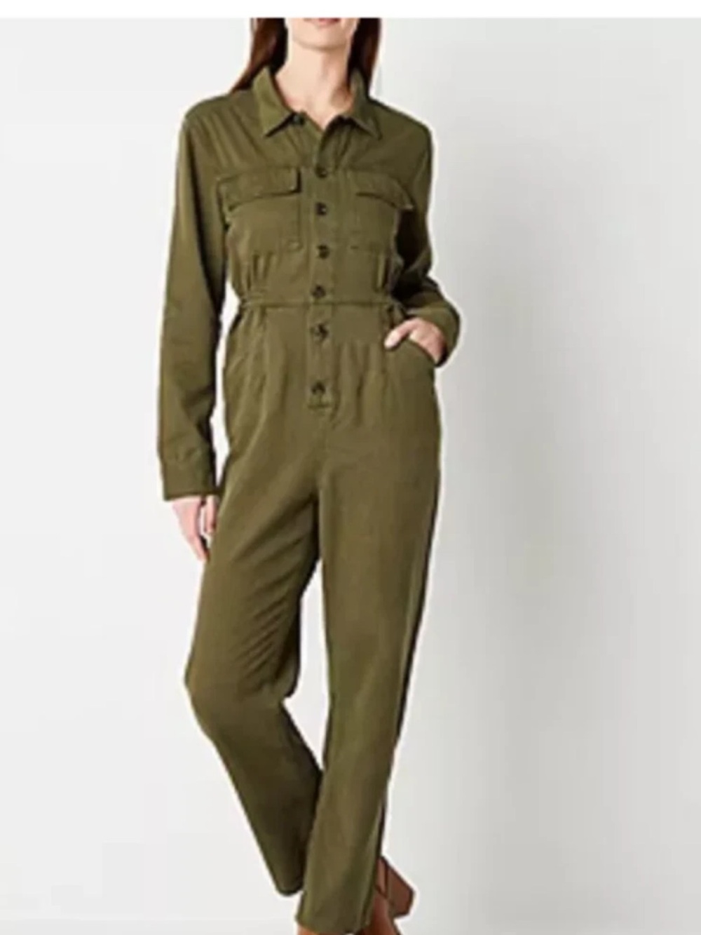 a.n.a Olive Button-Front Utility Jumpsuit